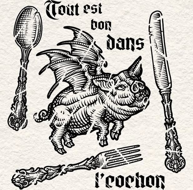 Tout est bon dans l’cochon, planche de flash gravée à l’encre noire sur papier