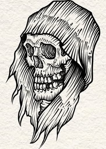 Crâne encapuchonné, planche de flash gravée à l’encre noire sur papier