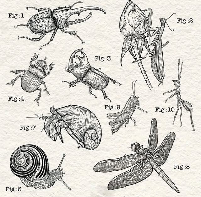 Entomologie, planche de flash gravée à l’encre noire sur papier