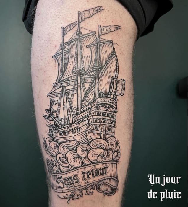 Sans retour, tatouage néogravure sur cuisse